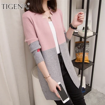 

TIGENA Long Cardigan Women 2019 Autumn Winter Patchwork Contrast Color Long Sleeve Cardigan Female Korean Knitted Jacket Women