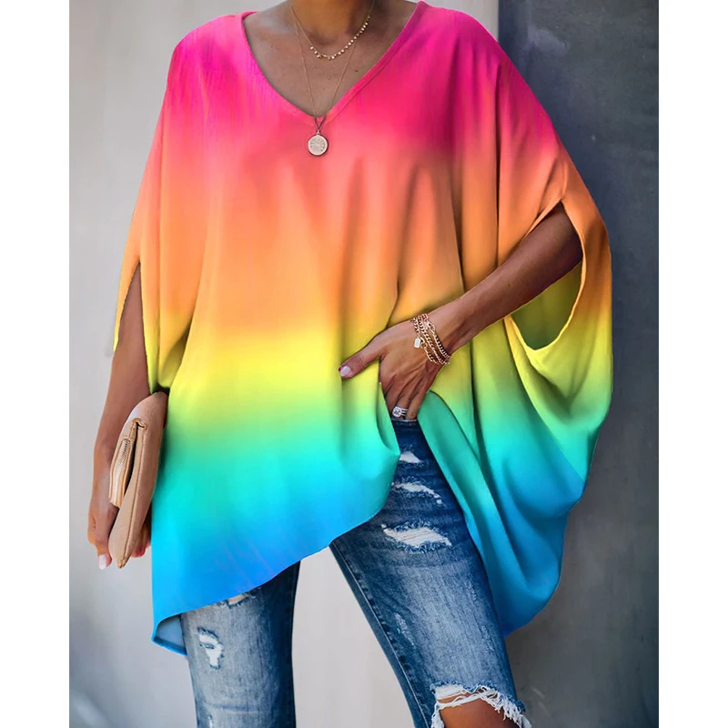 

Female T-Shirt Tie Dye Printing V-Neck Summer Bat Sleeves Top Fashion Casual Streetwear Women Clothing Tops Daily Commute Wear