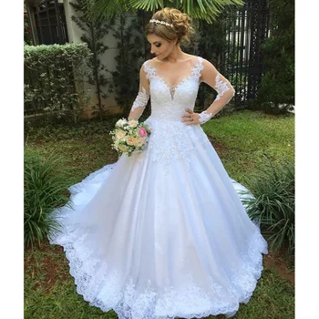 

BacklakeGirls HT4827 Round Neck Ball Gown Appliqued Wedding Dresses Long Sleeves Illusion Button Back With Sweep Train 2020 New