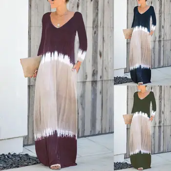 

Hot Autumn Casual Gradient Color V Neck Backless Long Sleeve Loose Women Kaftan Maxi Dress Patchwork Floor-Length Women's Dress