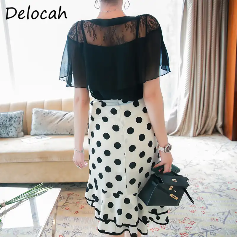Delocah夏の女性のファッションデザイナースカートセットショートスリーブソリッドルースブラウス ドットプリントミディスカート 2 二枚スーツ レディースセット Aliexpress