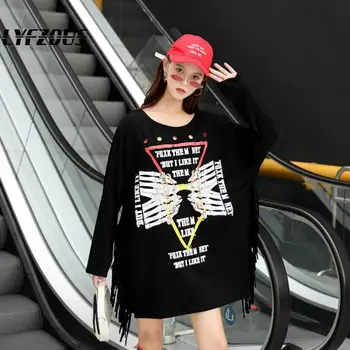 

Fashion Letters Print T-shirt For Women Punk Tassel Zippers Long-sleeve T-shirt Tshirt Tops Womens Plus Size Fashions Long Tees