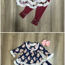 Одежда для маленьких девочек; зимняя одежда для девочек; платье с цветочным рисунком для девочек с кружевным подолом; брюки винно-красного цвета; Изысканная одежда для девочек с бантом