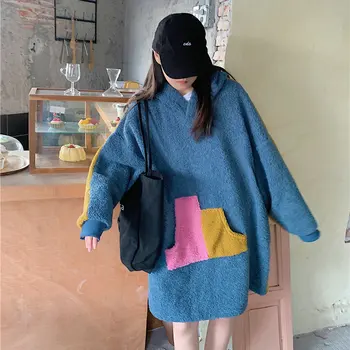 

Winter Cozy Warm Berber Fleece Oversized Hooded Sweatdress Women Korean Style Streetwear Loose Fitting Thermal One Piece Dress