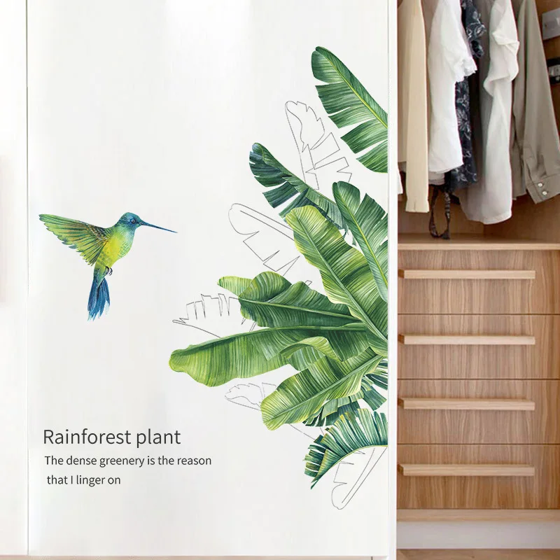 Little Hummingbird Tropical Green Plant Wall Sticker Bedroom Living Room Decorative Mural Art | Дом и сад