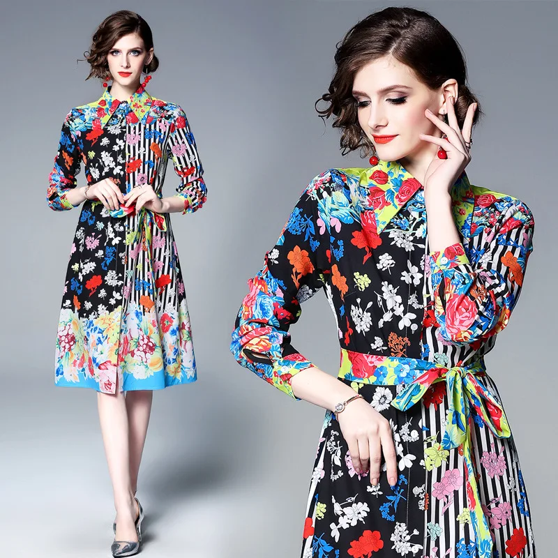 

2019 Europe And America WOMEN'S Dress Long Sleeve Lace-up Medium-length chen yi qun Retro tiao wen hua Dress-