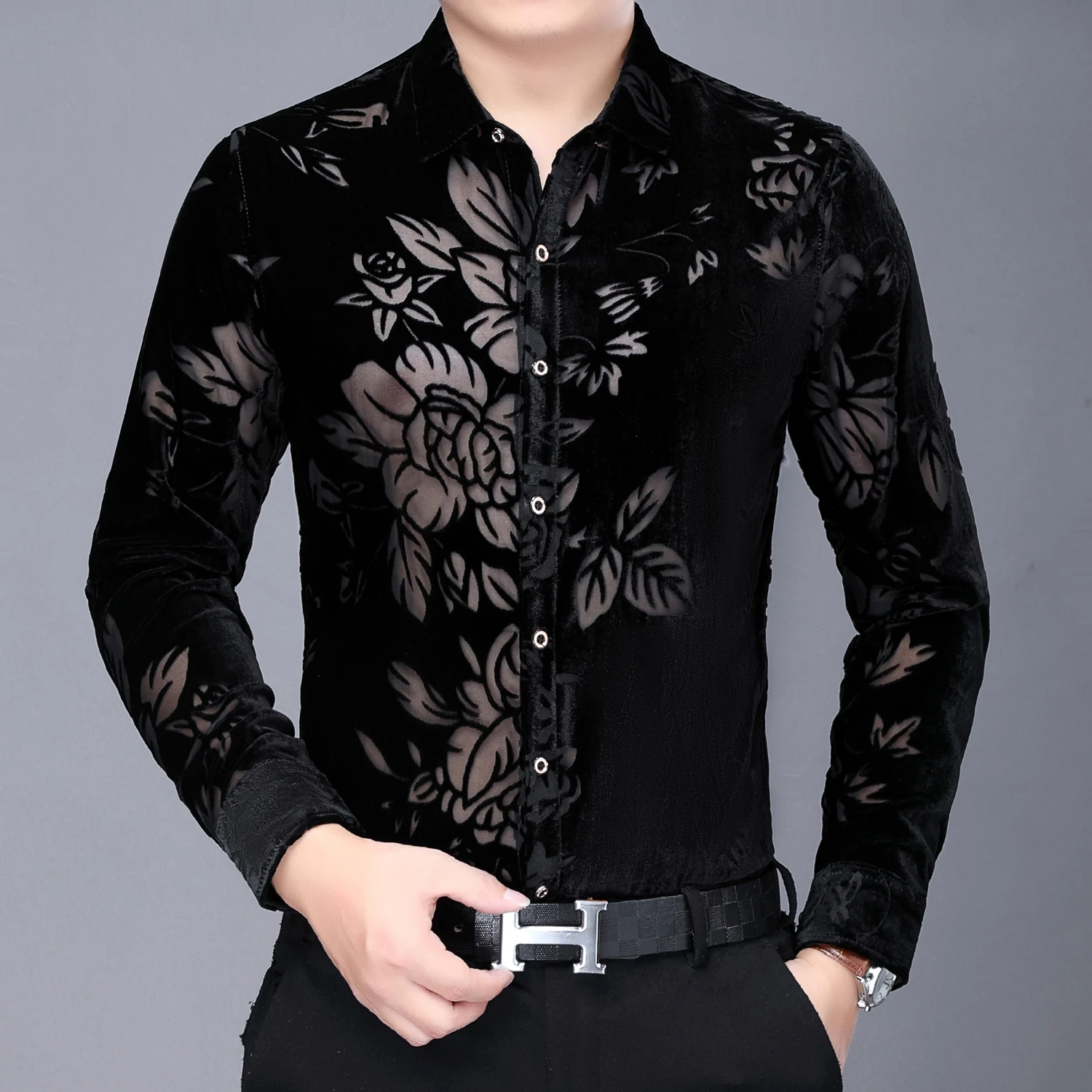 Camisa de manga larga de terciopelo para hombre, Camisa de alta calidad con flores transparente, informal, para oficina, 2020