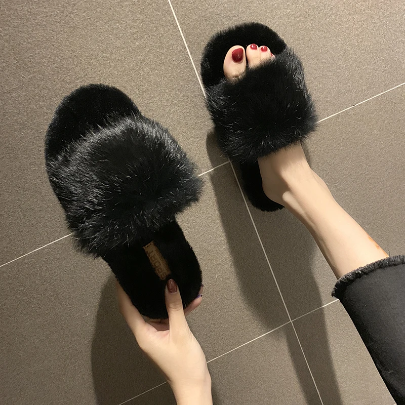 Hot Sale Women Slippers Fashion Fluffy Faux Fur Plush Slippers Women Spring Autumn Slides Flip Flops Flat Shoes 35-40 g754