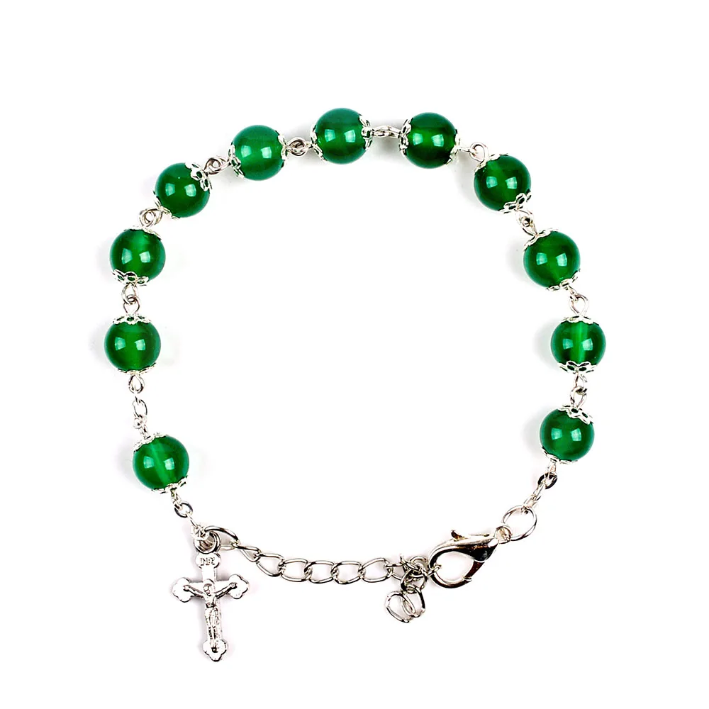 Католический 8 мм зеленый натуральный камень Бусины декада четки Мода ссылка браслет с крестом