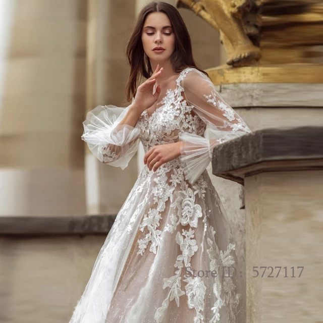 Flowing Scoop Neckline Crystal Beading Tulle Lace Beach Wedding Dress Long  Sleeve Sweep Train Wedding Gowns - AliExpress