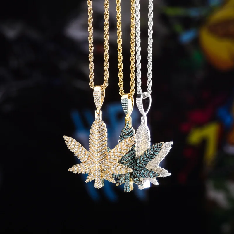 В стиле хип-хоп Micro Pave AAA CZ камень Bling лед из клена Конопля Marijuanas лист подвески