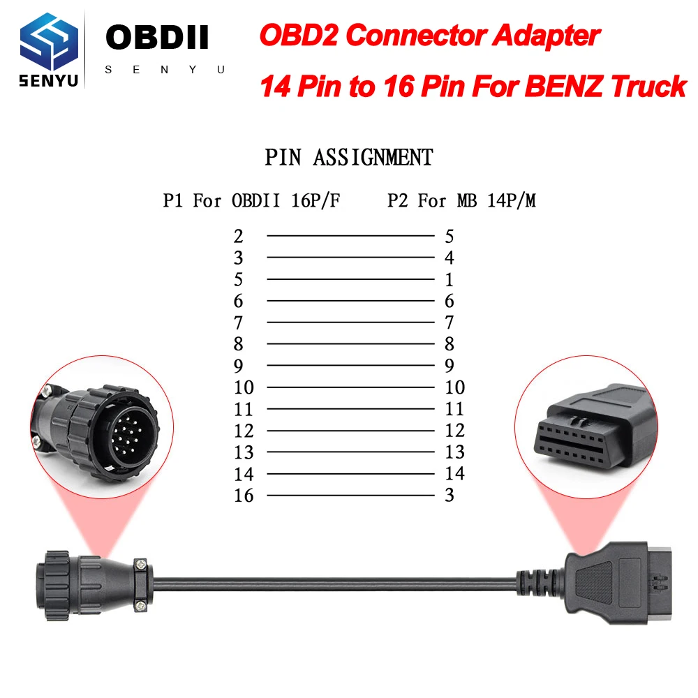 OBD2 Stecker Adapter Für MB Lkw 14 Pin OBD zu OBD2 16Pin Für Benz Lkw OBD 2  OBD2 Diagnose Auto werkzeug OBD2 Verlängerung Kabel