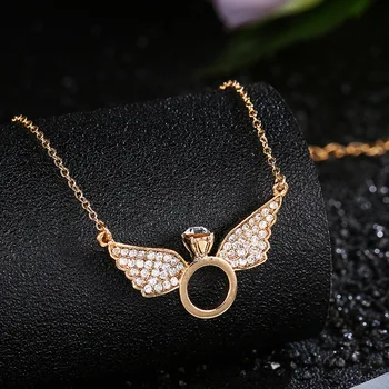 

TSHOU393 Sweet angel wings zircon crystal necklace pendant clavicle chain ladies simple short alloy necklace