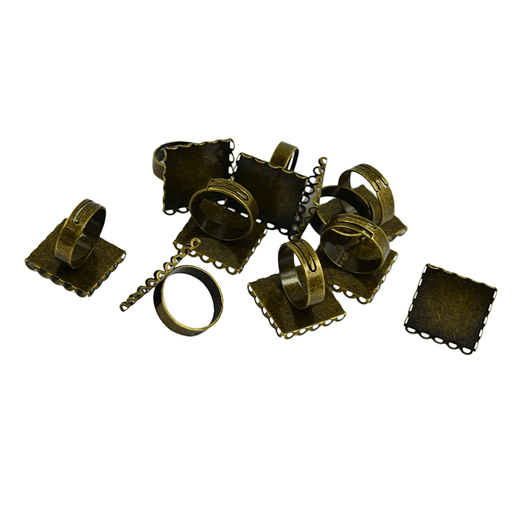 10 Pack Adjustable Ring Blanks, Cabochon Rings Settings, 20mm Square Rings Bezels fit 20mm Flatback Glass Gemstone Bead Cameo