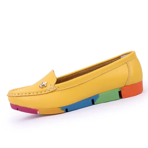 YEELOCA Camouflage Sole Womens Flats Genuine Leather Slip-On Ballet Ladies Soft Moccasins Single Shoes Female Casual Shoes - Цвет: yellow 1