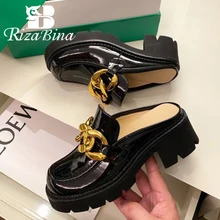 RIZABINA nowe mody wysokiej jakości sandały z prawdziwej skóry kwadratowy nosek gruby wysoki obcas metalowy łańcuch Lofers obuwie rozmiar 34-40