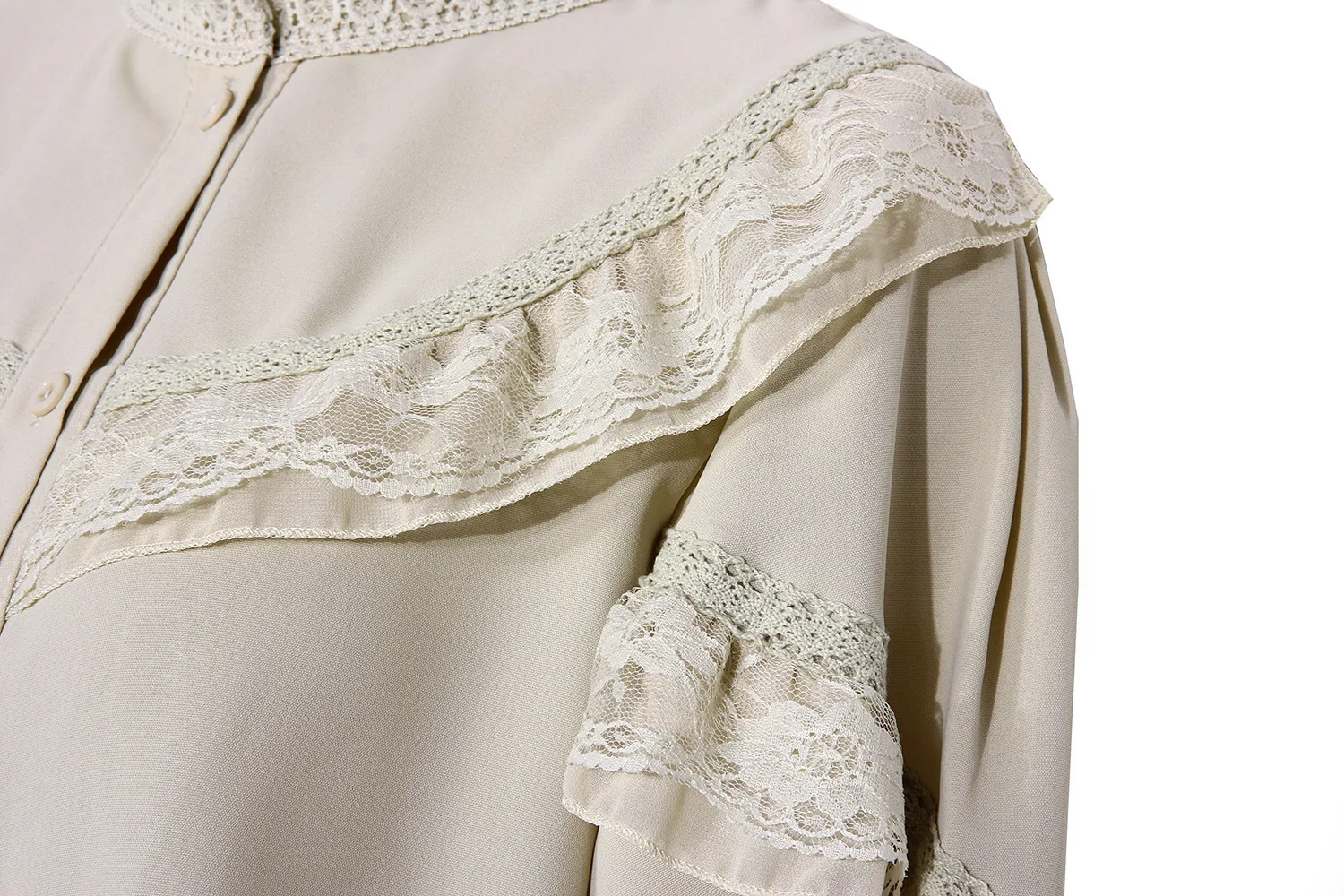 INGOO Elegant Lantern Long Sleeve Chiffon Shirt Women Spring Casual Lace Ladies Tops Vintage Button White Apricot Ruffle Blouse