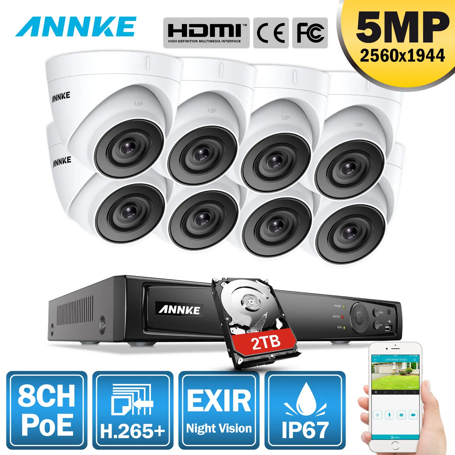 ANNKE 5MP H.265+ 8CH супер HD POE сетевая видео система безопасности 8 шт. водонепроницаемые уличные ip-камеры с питанием по PoE 2,8 мм купольная POE камера комплект