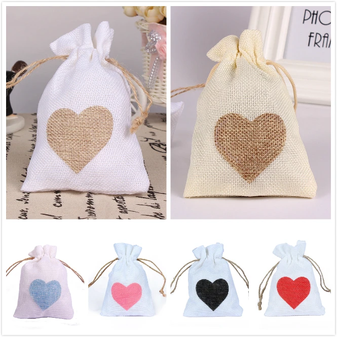 

KATE FAVORS Jute Hessian Bags Wedding Favor Small Jute Gift Bag 9Cmx14Cm White Natural Heart 12 Of Set