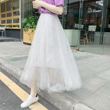 

A-line Summer 2020 High Waist Wave Dot Net Yarn Korean Plus Size Women Long Skirts Casual Vintage Lace Jupe Femme
