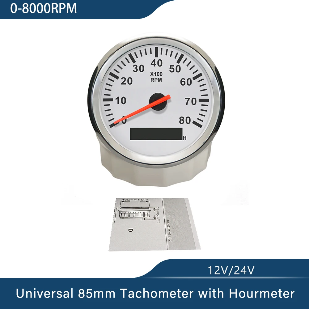 Waterproof Tachometer 3-8K RPM Tacho Gauge REV Counter with Hour Meter 85mm Gasoline Diesel Engine 12V 24V Red Backlight tachometer gauge,engine tachometer,tachometer meter