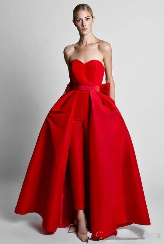 Красные Комбинезоны Формальные Вечерние платья со съемной юбкой платья на выпускной с вырезом сердечко одежда для вечеринок Брюки для