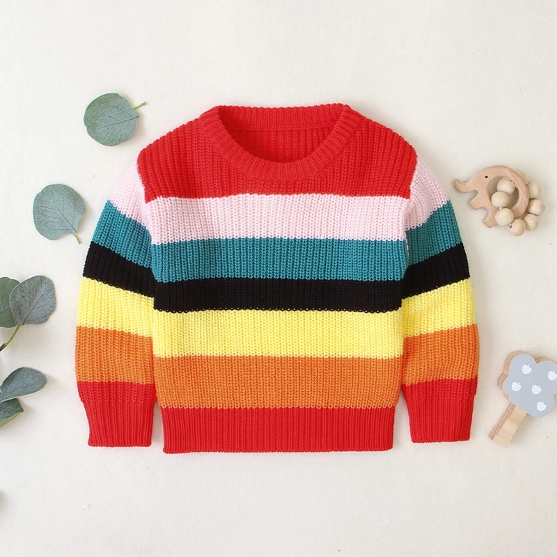 Детские разноцветные свитер с радугой Дети Детские Одежда для девочек из хлопка; зимние теплые вязаные крючком топы; пуловеры для маленьких детей Топы Лидер продаж