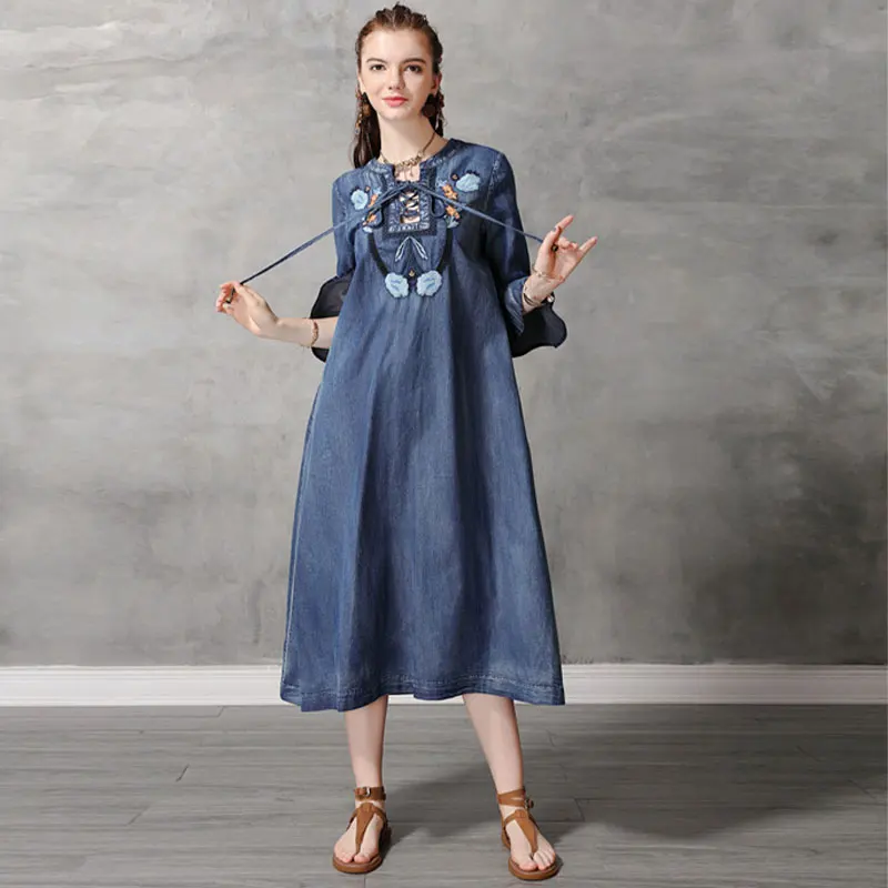 Bohemian denim tunic blue cotton autumn national flower embroidery dress a long dress with loose flared sleeves vestido