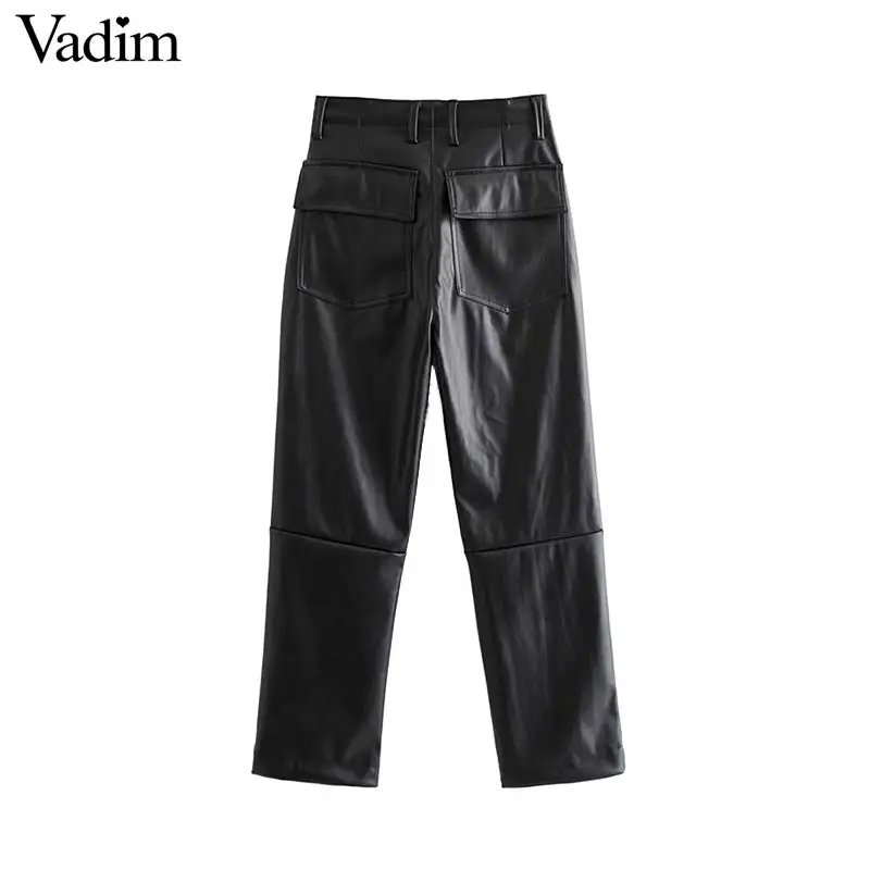 Vadim women chic PU leather black pants pockets zipper fly European style female casual trousers pantalones mujer KB185