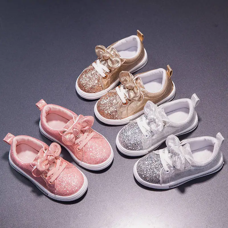 Toddler Little Girls Sequin Bing Sneakers Shoes For Kids Silver Gold Jazz Dance Bowknot Sports Princess New 2020 | Детская одежда и