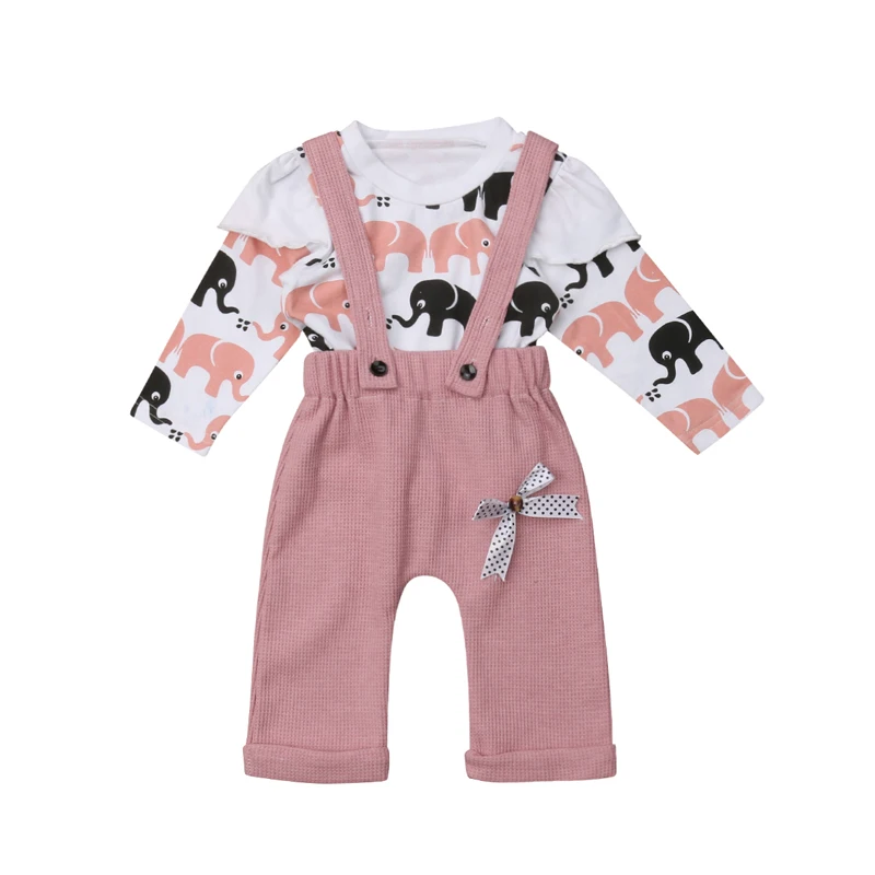 Одежда для новорожденных и маленьких девочек, футболка с принтом слона из мультфильма, топы, комбинезон с бантом, штаны, комплект одежды - Цвет: Розовый