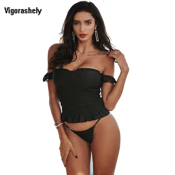 

2020 Black Trikini Bandeau Sexy Bikini Set Women Swimwear Two Piece Swimsuit Female Ruffle Off Shoulder Bathing Suit Swim Wear