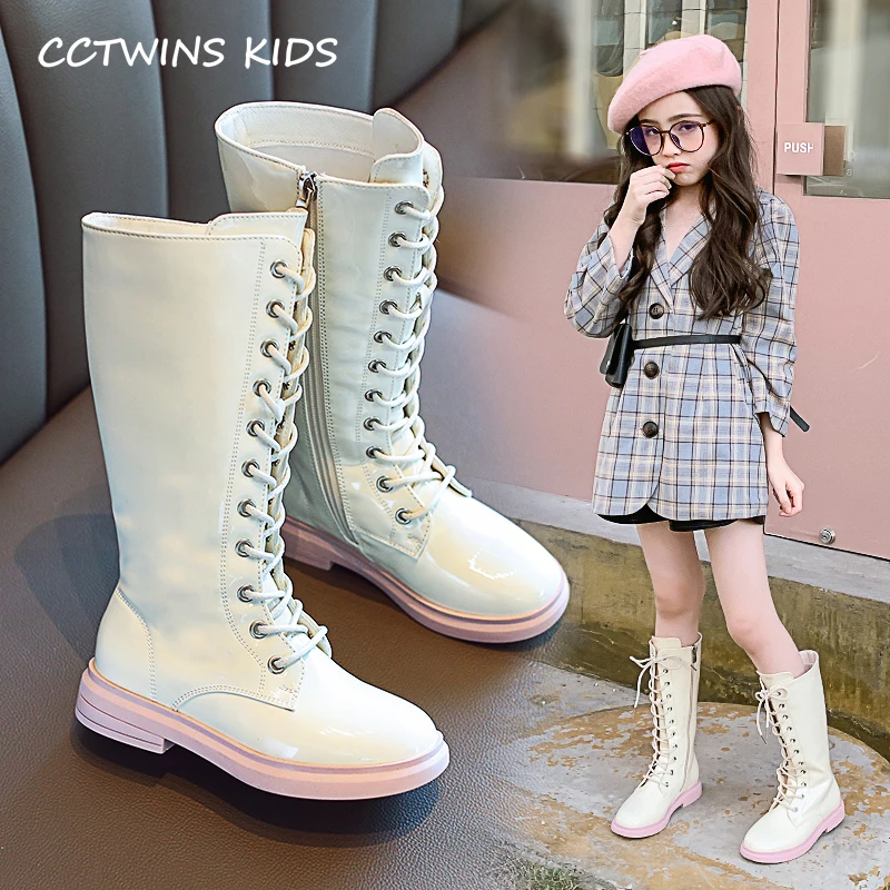 CCTWINS Kids Shoes Winter Fashion Girls High Boots Children Lace Casual Shoes for Toddler Black Leather Martin Boots HB059