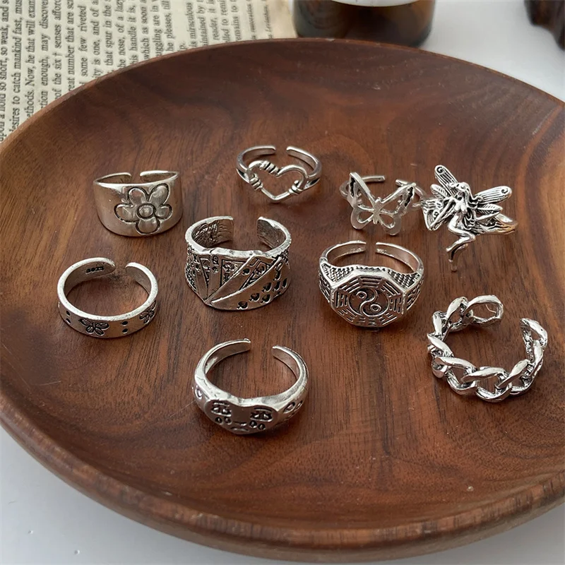 Punk Gothic Black Heart Ring Set for Women Dice Vintage Spades Ace Silver Color Plated Retro Rhinestone Billiards Finger Jewelry