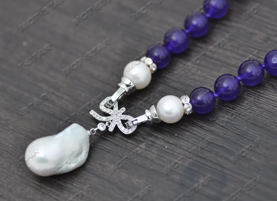 

Z11750 19" 24mm Purple Round Jade White Keshi Pearl Bowknot CZ Necklace Pendant