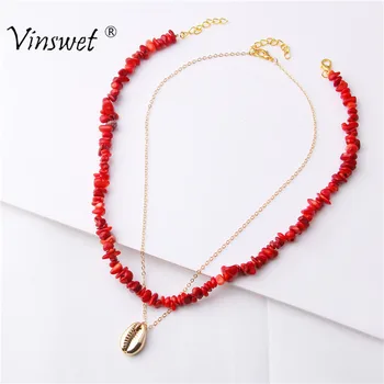 

Fashion Women Necklace Bohemian Blue Turquois Red Coral Stone Handmade Chain Necklaces for Women Seashell Pendant Party Jewelry