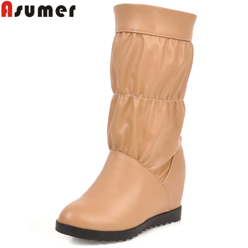 Asumer, большие размеры 34-43, модные ботинки до середины икры женские ботинки, увеличивающие рост, с круглым носком, без шнуровки ботинки осень-зима со складками