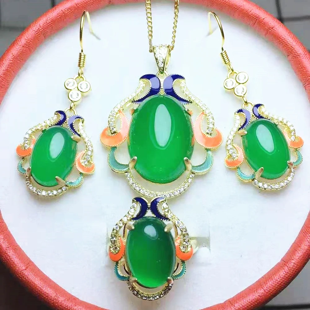 

JADERY CHARM WOMEN JEWELRY SETS NATURAL GREEN JADE GEMS NECKLACE/EARRINGS/RING ETHNIC SILVER 925 JEWELRY BLACK FRIDAY 2019 DEALS