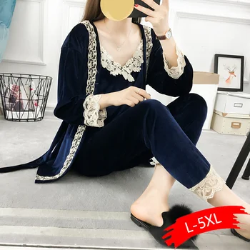 

5XL Autumn Winter Female Three Pieces Pajamas Sets Velvet Lace Patchwork Floral Velvet High Quality Nighties Bathrobe Plus Size