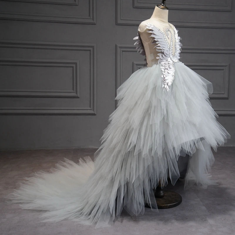 Elegant Swan Crystal Tulle Trailing Flower Girl Dress Evening Gown Kids Pageant Dress Birthday Party Feather Lace Princess Dress little girl skirt dress