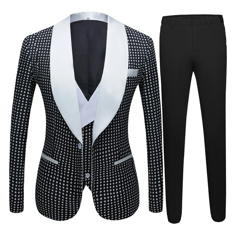 

Black Prom Suits for Men with Dots Slim Fit Wedding Groom Tuxedo 2 Piece Male Fashion Costume 2022 (Jacket + Pants)