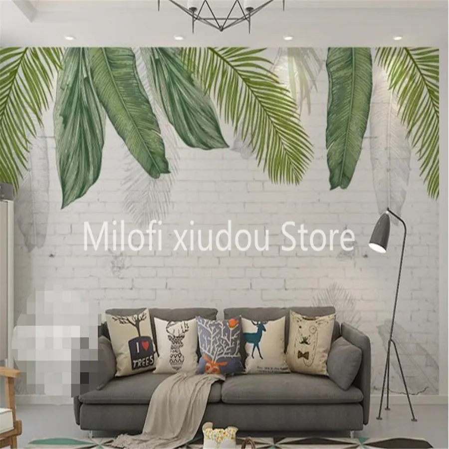 

Milofi Custom 3D Wallpaper Mural Tropical Plant Leaf Brick Wall Watercolor Leaf Living Room Bedroom Background Wall Decorative P