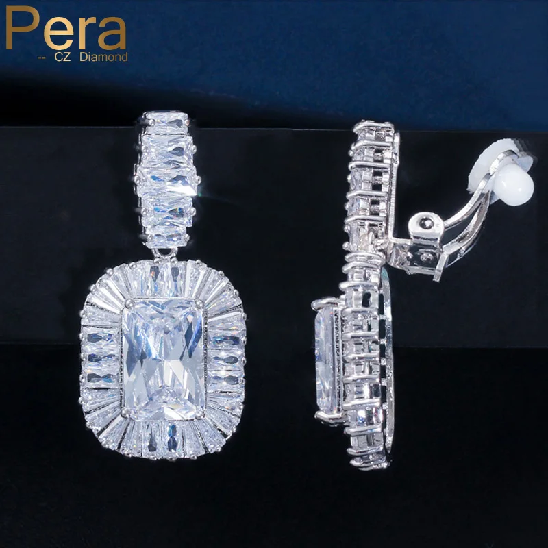 

Pera 2019 White Cubic Zirconia Elegant Women Big Dangle Clip on Earrings without Piercing for Wedding Jewelry Accessories E414