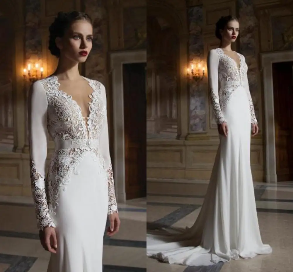

Sexy Mermaid Lace Chiffon Wedding Dresses With Long Sleeves Hollow Back Chapel Train 2020 Backless Bridal Gowns Cheap
