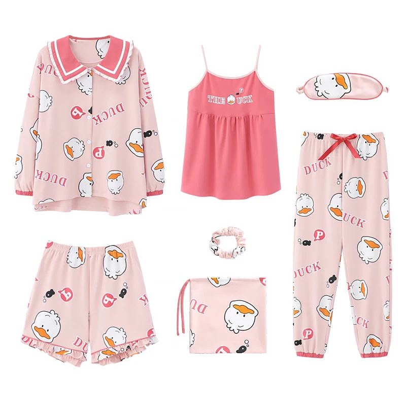 

Pink Cartoon Printing Pajamas 7 Pieces Sleepwear Woman Clothes Homesuit Blindfold Fashion Long Pants Long Sleeve Woman Clothes