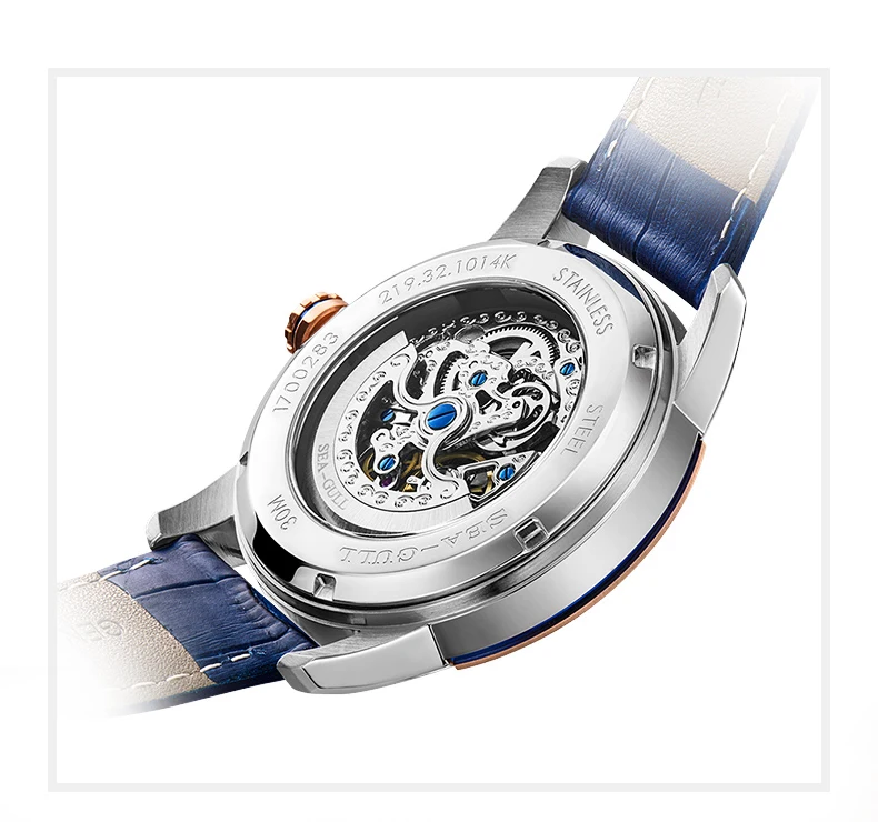 Seagull, деловые часы, мужские механические часы, синие, простые, 30 метров, водонепроницаемые, с кожаной пряжкой, деловые мужские часы 219,32, 1014k