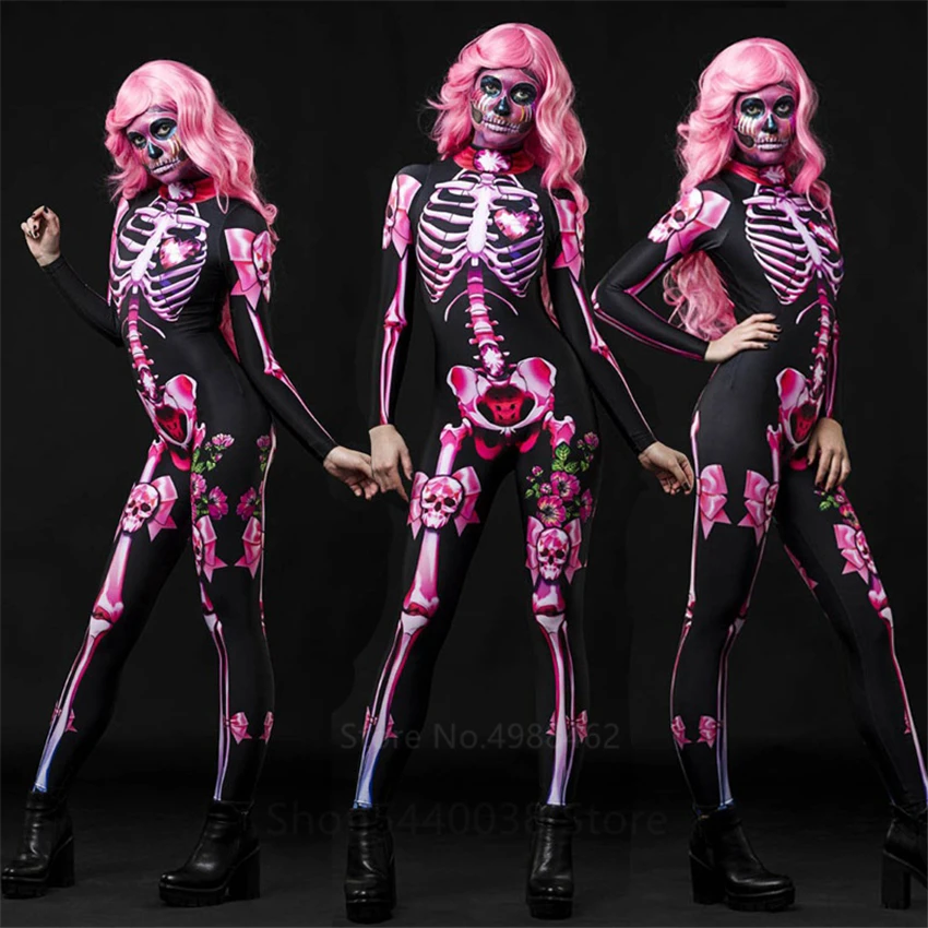 Halloween Costumes for Women Scary Vampire Cosplay Jumpsuit Women Horror Skeleton Fancy Bodysuit Carnival Party Flexible Outfit