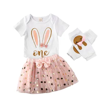 

2020 Kids Baby Girls Clothes 3PCS Outfit Tulle Tutu Skirt Short Sleeve Print Bodysuit Romper Tops Polka Dot Dress Clothes 0-18M