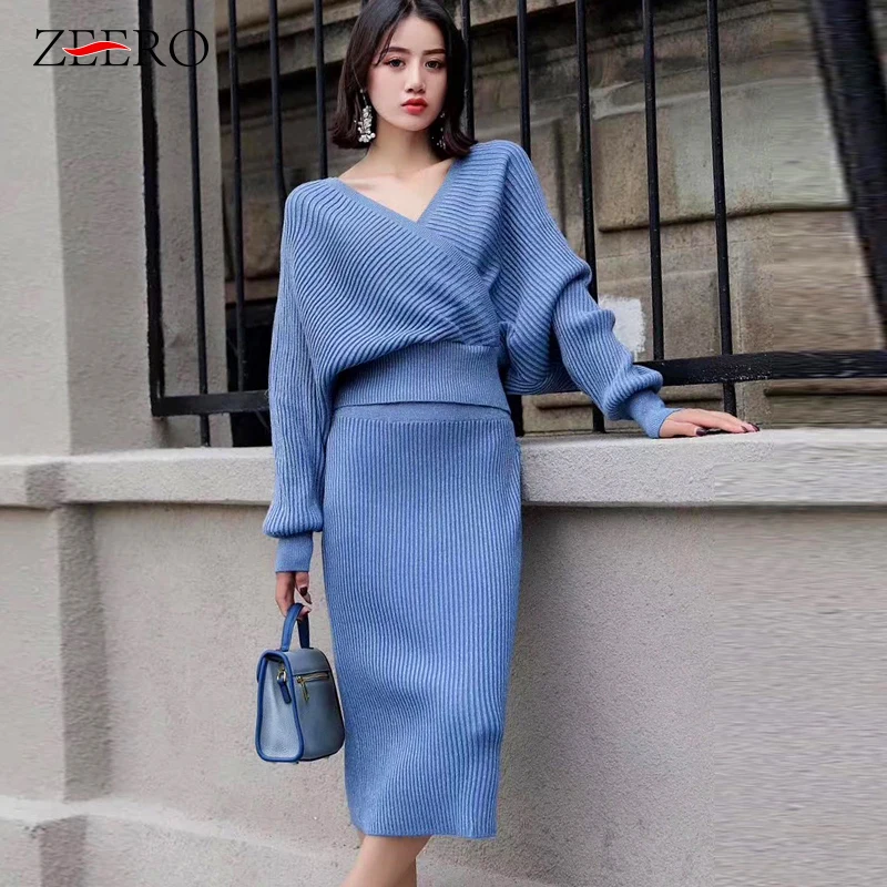 

2019 Autumn Korean Bling Knitted 2 Piece Set Women Lantern Sleeve V Neck Sweater + Elastic Waist Knitted Skirt Sets Sweater Suit