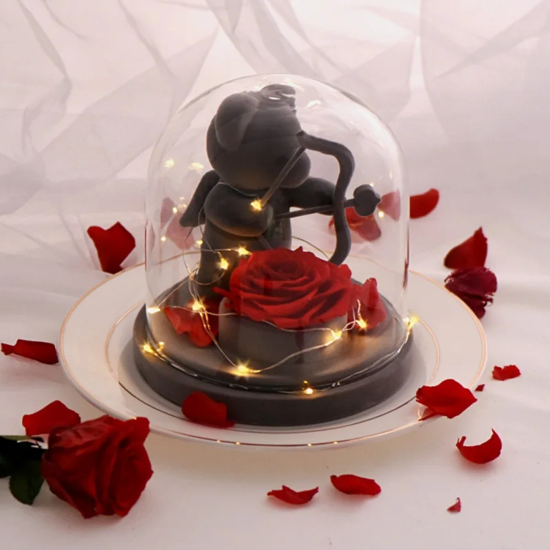 

Eternal Rose Forever Love Cupid Bear With LED Light In Glass Dome And Wooden Base Beautiful Gift Box For Valentine's Day